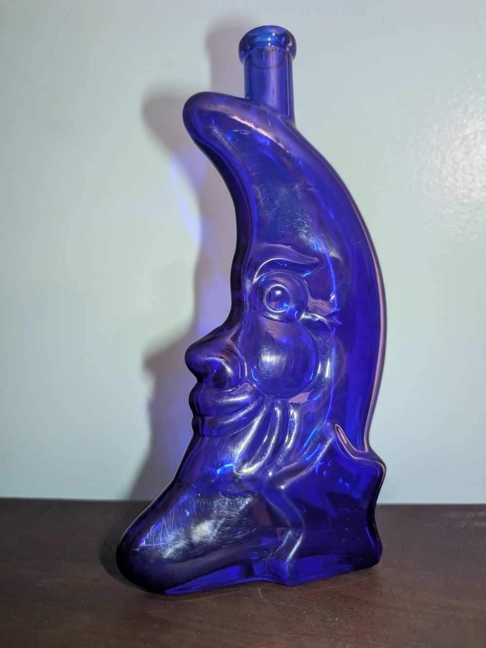 Cobalt Blue Moon Face Glass Bottle - Decorative Home Art